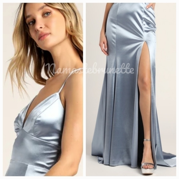 Nwt Lulu's Medium Dusty Blue Satin Lace-Up Mermaid Formal Maxi Dress - Picture 7 of 16